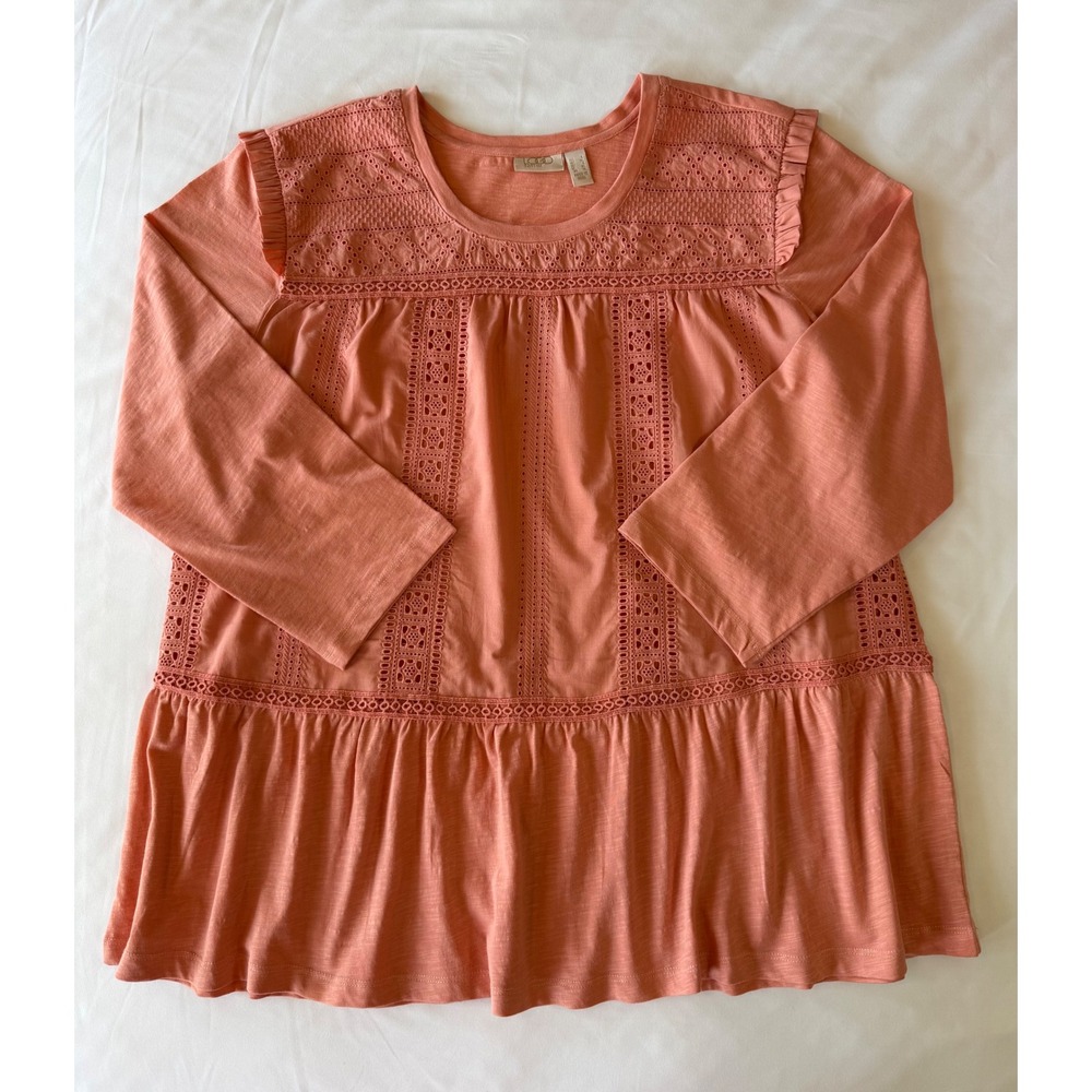 LOGO Lavish Lori Goldstein Coral Eyelet Lace Peplum Top 3/4 Sleeve Cotton Large